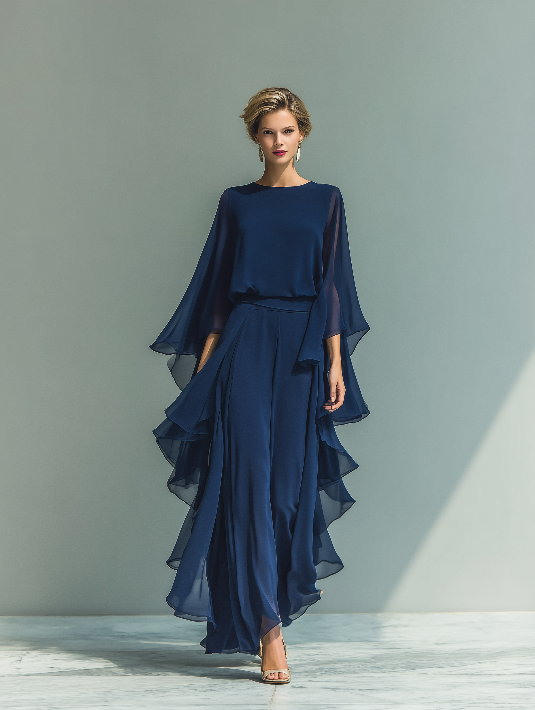 Women's Navy Blue Chiffon Top With Flared Sleeves And Straight-leg Trousers Set With Ruffled Details 