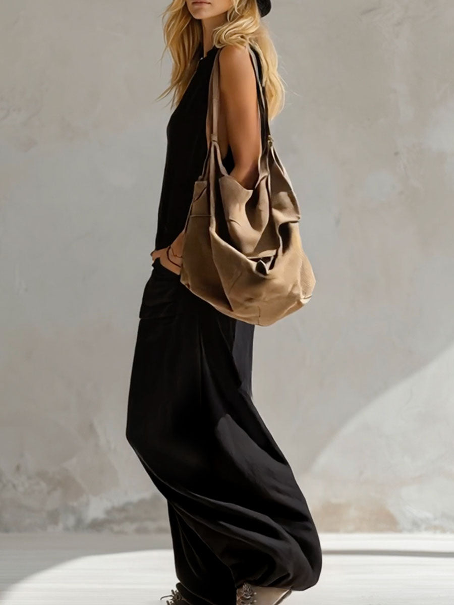 Sleeveless Wide Leg Buttoned Pockets Solid Color V-Neck Jumpsuits