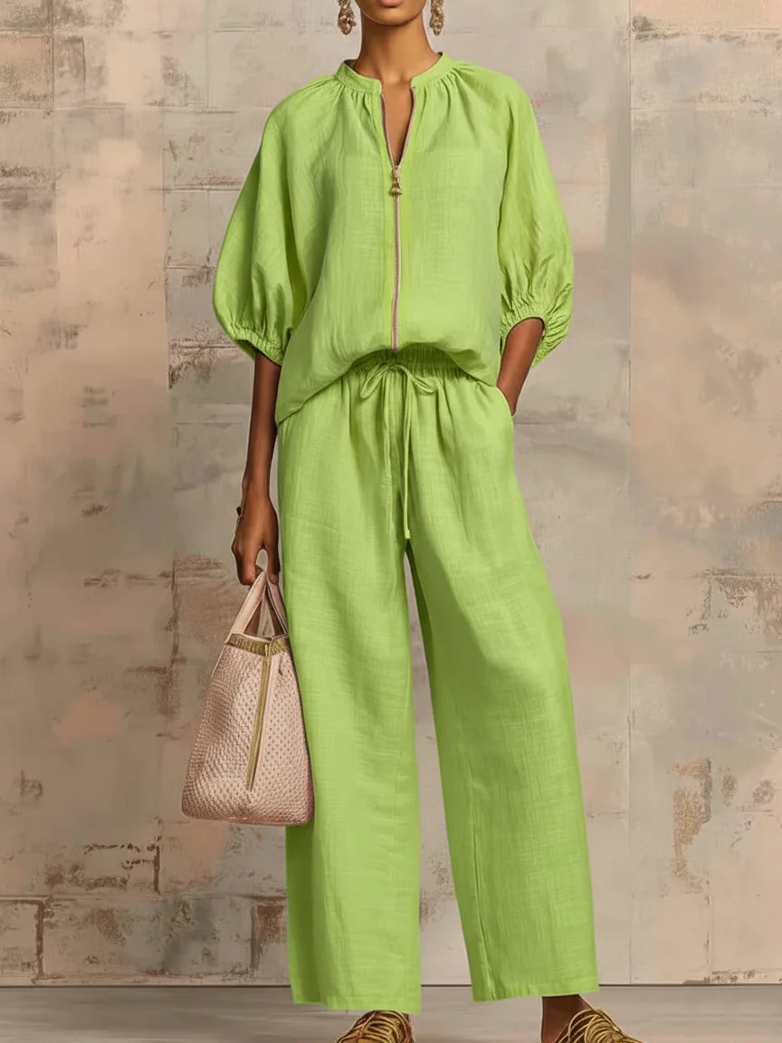 New Arrivals🔥 Stylish Cozy Zipper Shirt & Wide-Leg Pants Linen Cotton Two-Piece Set