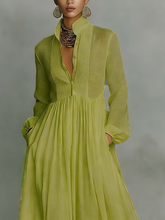 Casual Cotton Linen Maxi Dress High Waist Stand Collar Daily