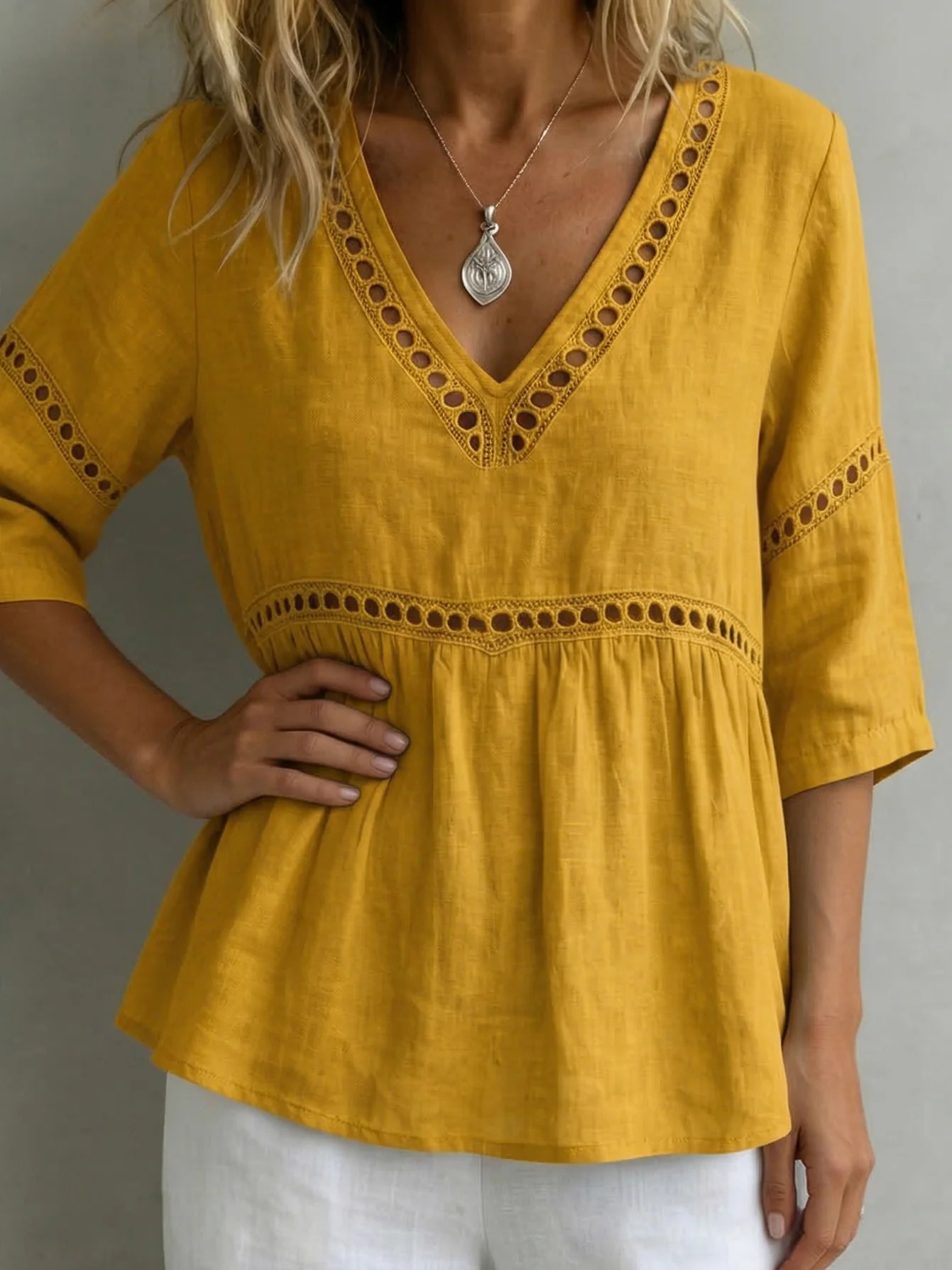 V-Neck Hollow-Out 3/4 Sleeve Blouse