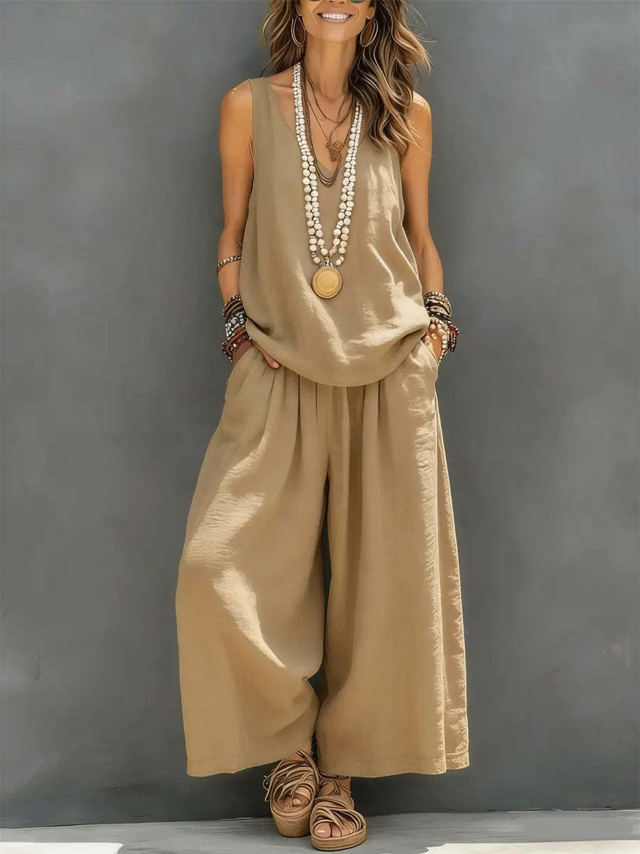 Linen V-neck Sleeveless Top And Wide Leg Pants Set