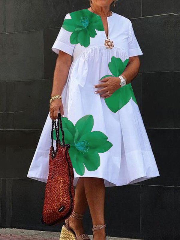 A-Line Loose Flower Print Pleated V-Neck Midi Dresses