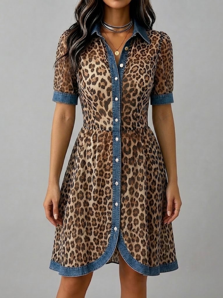 Stylish Casual Leopard-print Chiffon And Denim Patchwork Dress