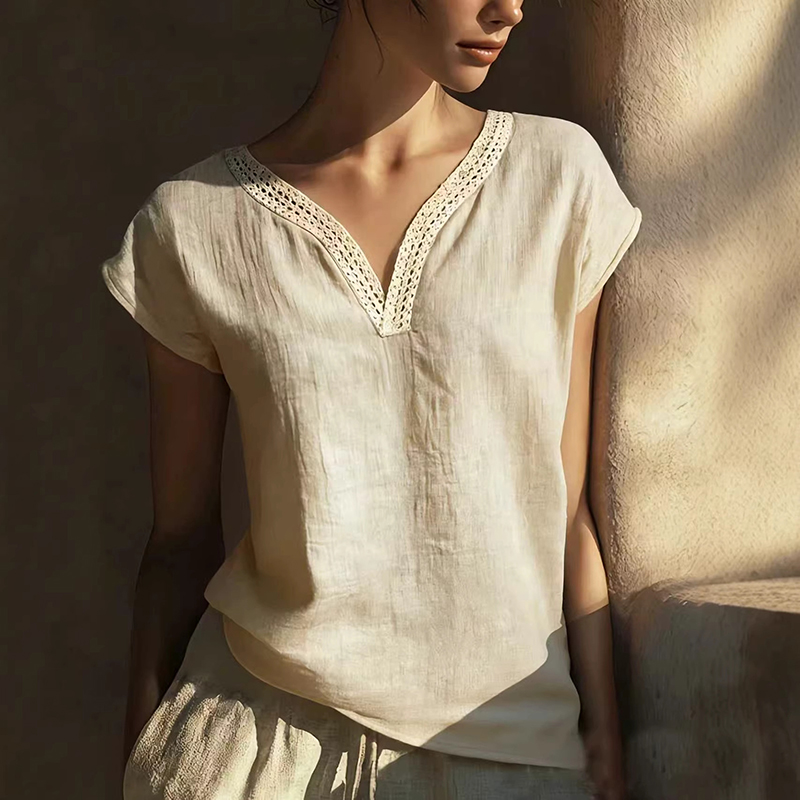 VChics Boho Vintage Lace V-neck Cotton Blend Shirt