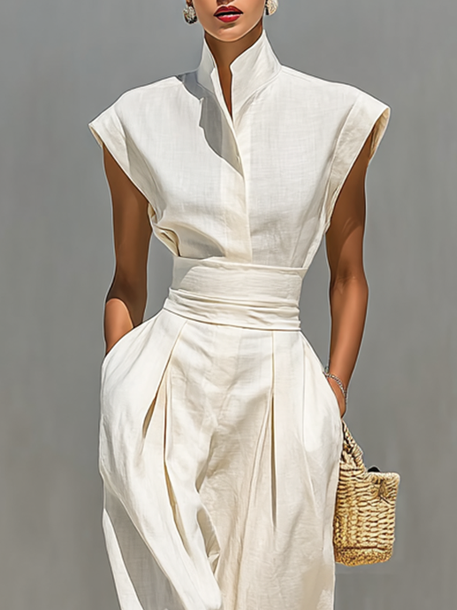 Women's Pure Cotton Lapel Cap Sleeves Waist Maxi Dress 