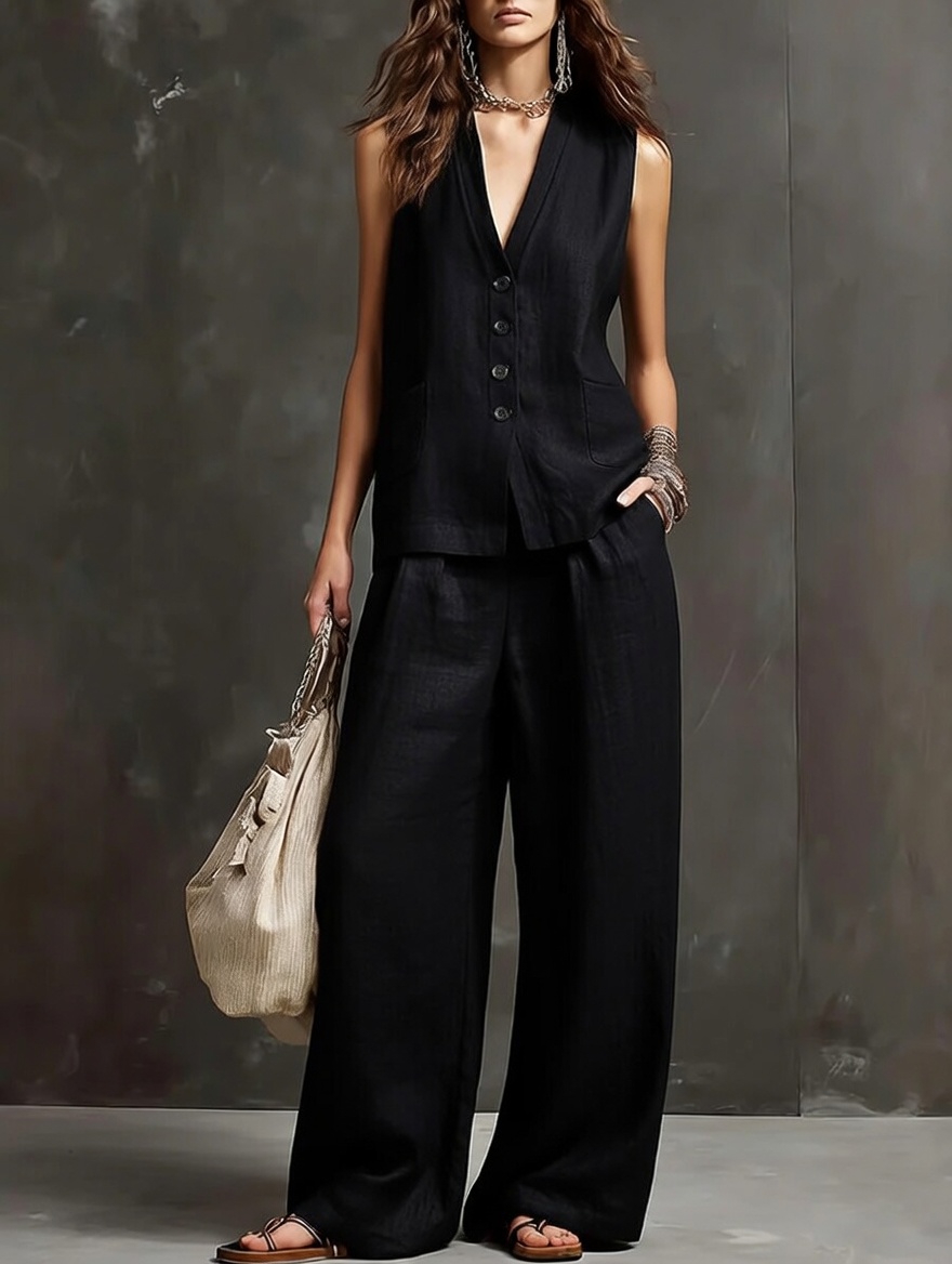 2026 Amazon Cross-Border Independent Station European And American Spring And Summer New Casual Commuting Solid Color Sleeveless Tops Wide-Leg Pants Covers