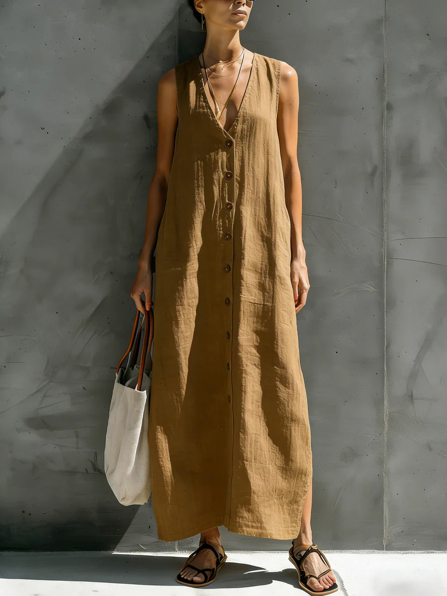 Womens Simple Cotton-Linen V-Neck Buttoned Sleeveless Loose Long Dress