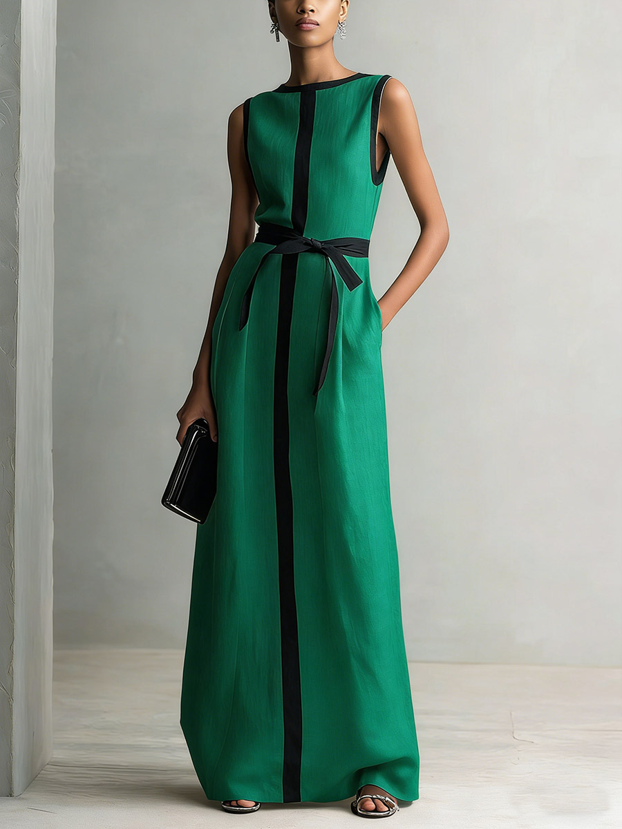 Women's Round Neck Sleeveless Casual Loose Cotton Linen Dress