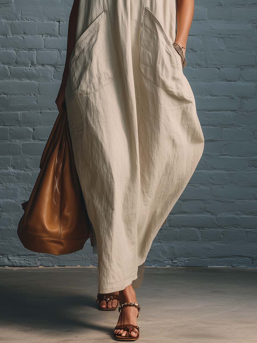 Casual Urban Color-blocked V-neck Beige Cotton Linen Maxi Dress