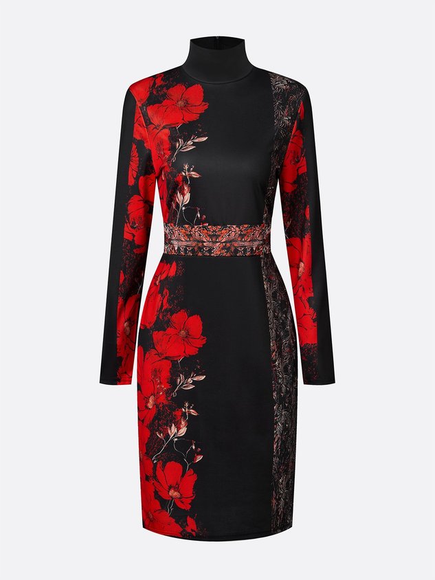 Elegant Stand Collar Jersey Midi Dress Long Sleeve