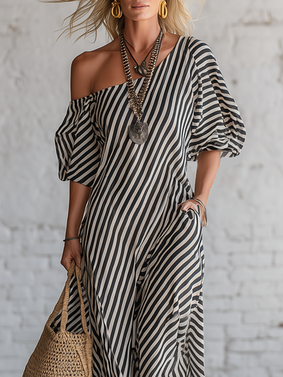 Urban Black Chiffon Striped Print Off Shoulder Maxi Dress