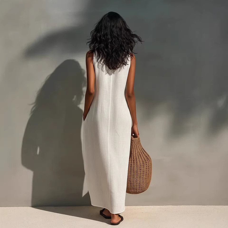  Minimalist Linen Halter Maxi Dress | Sleeveless Office-to-Resort Wear