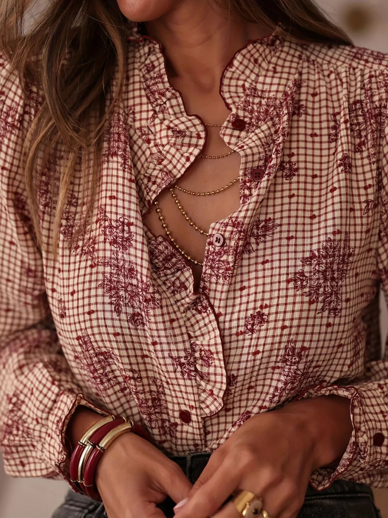 Frill Plaid Button Up Shirt