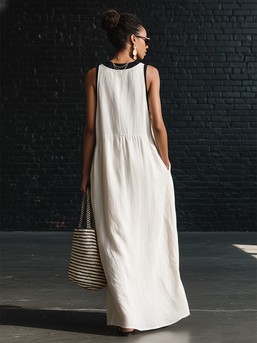 Bohemian Style White And Black Color Blocked Sleeveless V-neck Maxi Dress