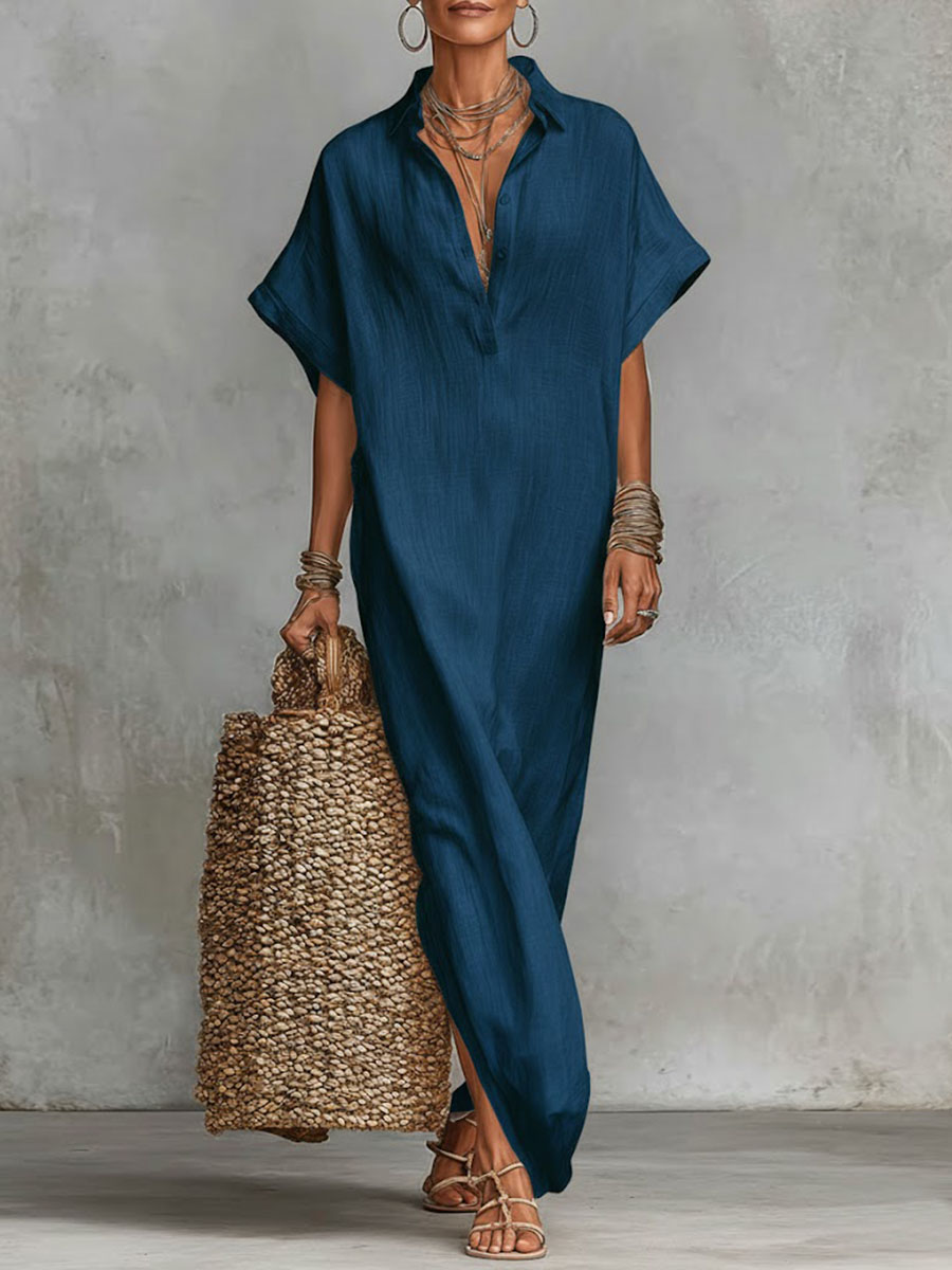 Women's Solid Color Collared Short-sleeved Casual Loose Linen Dress