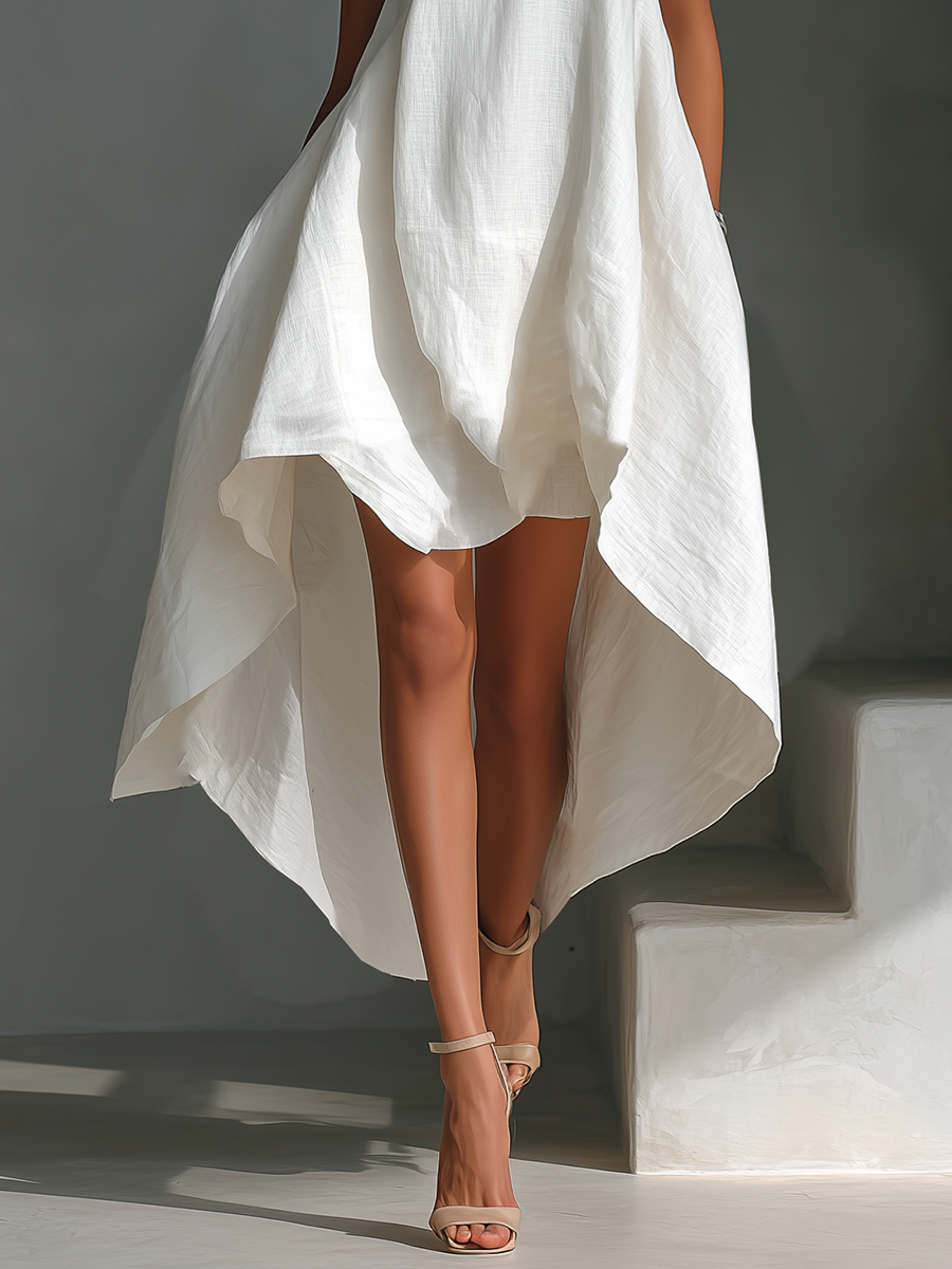 Women's White Linen Fabric Sleeveless Midi Dress With Round Neck & Asymmetric Hem MDZ0987B9T