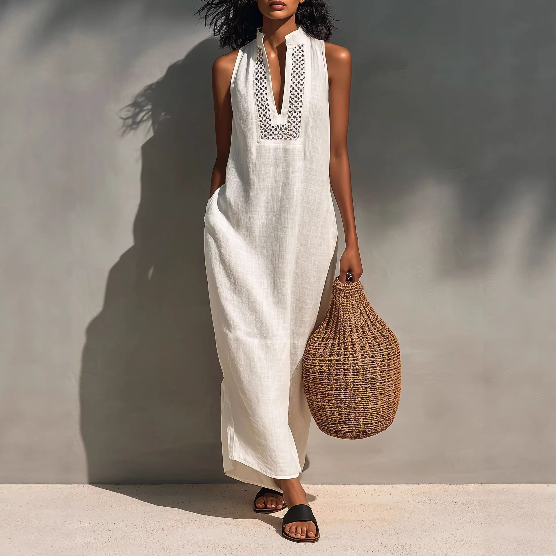  Minimalist Linen Halter Maxi Dress | Sleeveless Office-to-Resort Wear