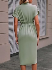 Women's Casual Dress Midi Dress Ruched Date Vacation Streetwear Basic V Neck Short Sleeve Black Pink Dark Green Color