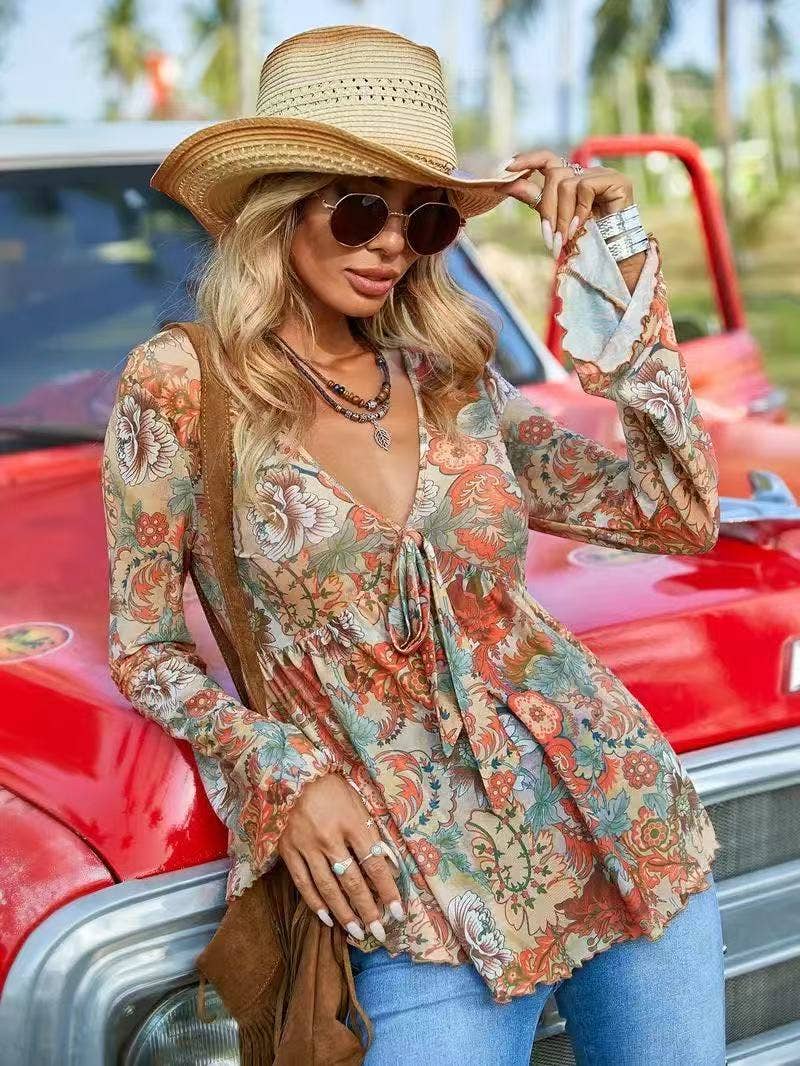  Orange Boho Women's Paisley Print Mesh Long Sleeve Tie Front Asymmetric top