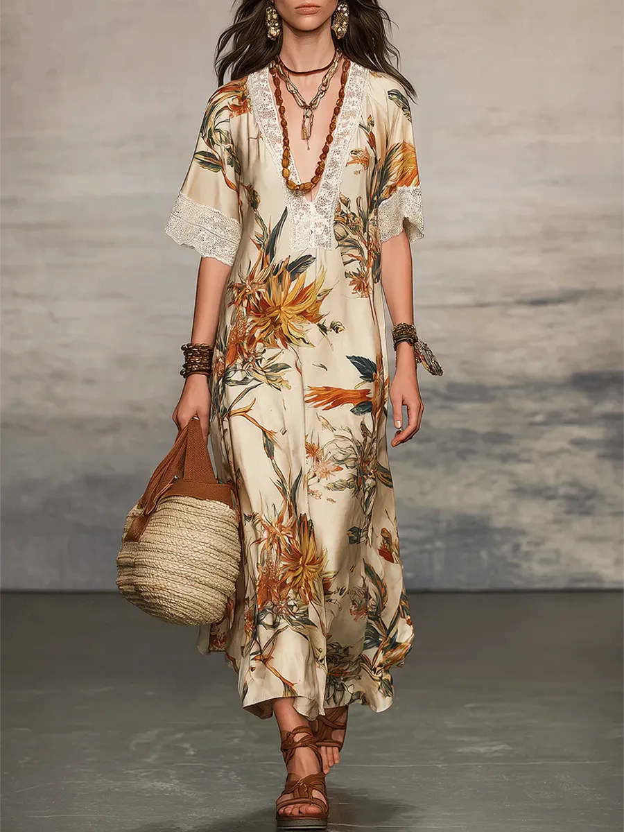 Women's Retro Floral Art Casual Stylish Short Sleeve Dress