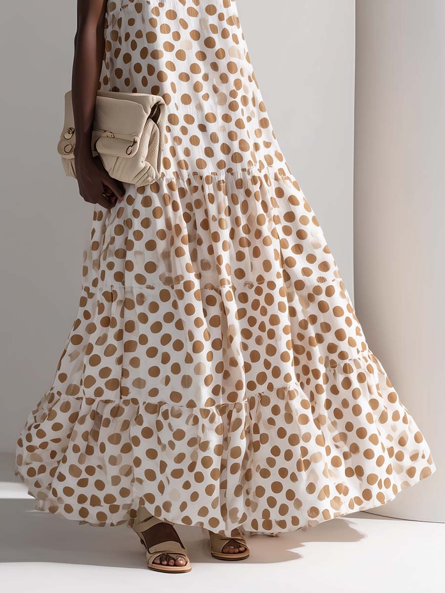 Fashionable Sophisticated Elegant Round Neck Sleeveless Polka Dot Printed Off-white Chiffon Vacation Maxi Dress