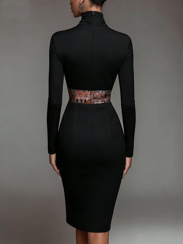 Elegant Stand Collar Jersey Midi Dress Long Sleeve