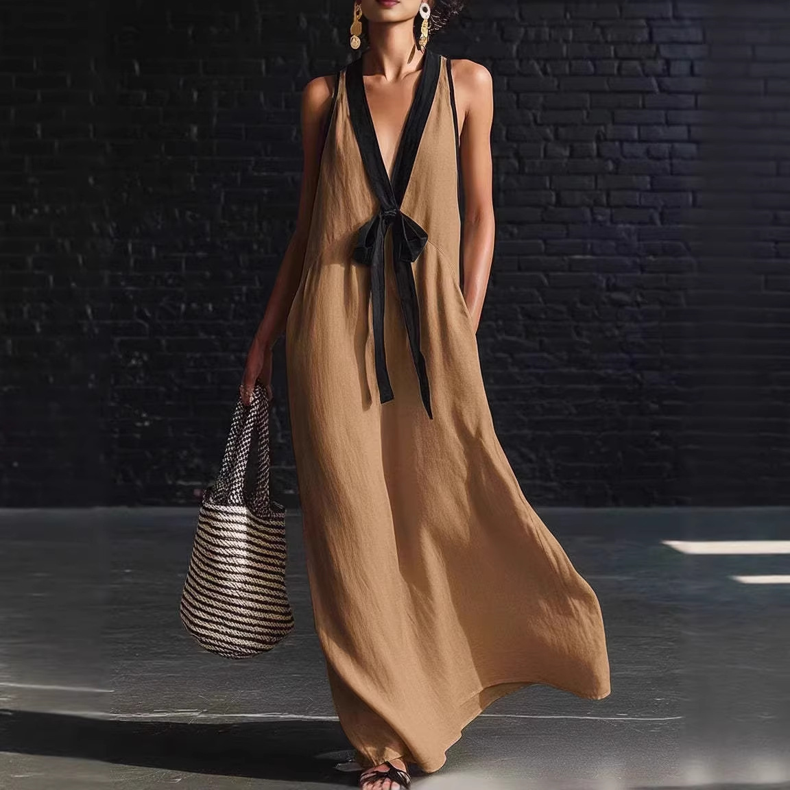 Bohemian Style White And Black Color Blocked Sleeveless V-neck Maxi Dress