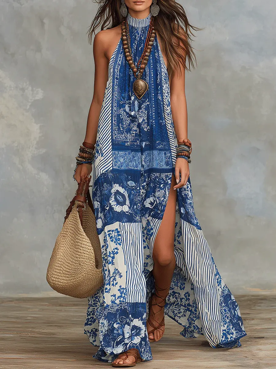 Women's Retro Ethnic Floral Pattern Art Print Casual Fashion Cotton Maxi Dress