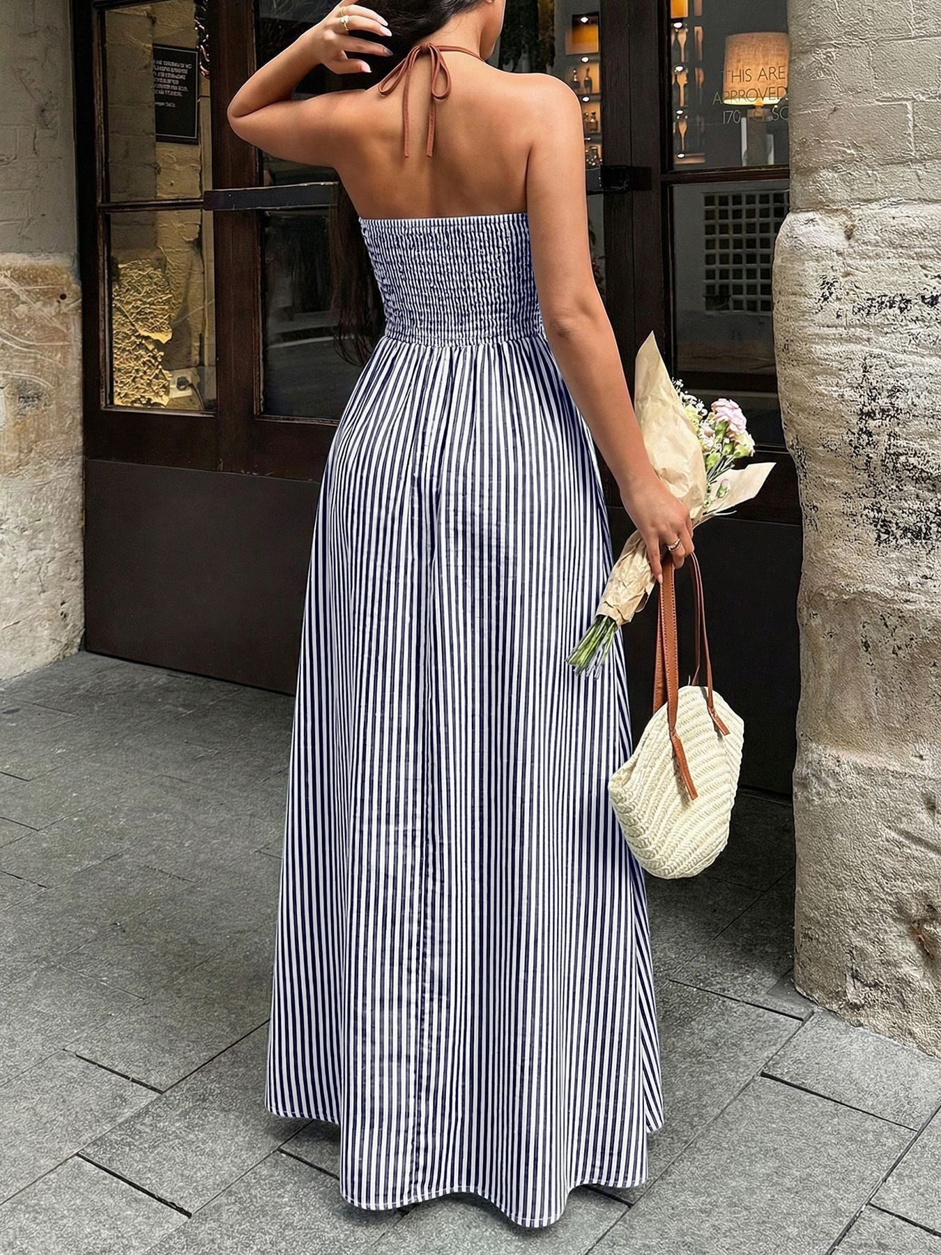 Striped Halter Neck Maxi Dress
