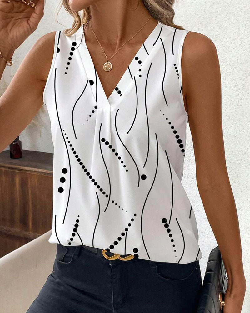 V-Neck Sleeveless Pleated Printed Vest
