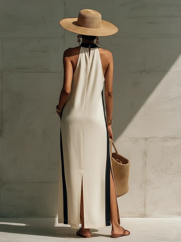  Halter Neck Contrast Trim Maxi Dress