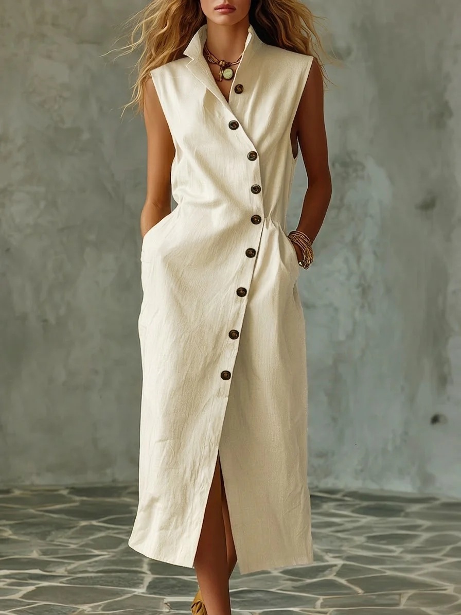 Sleeveless Linen-Blend Button-Down Midi Dress
