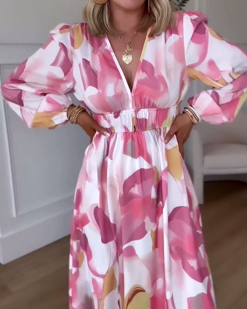 Long sleeve v neck elegant printed maxi dress