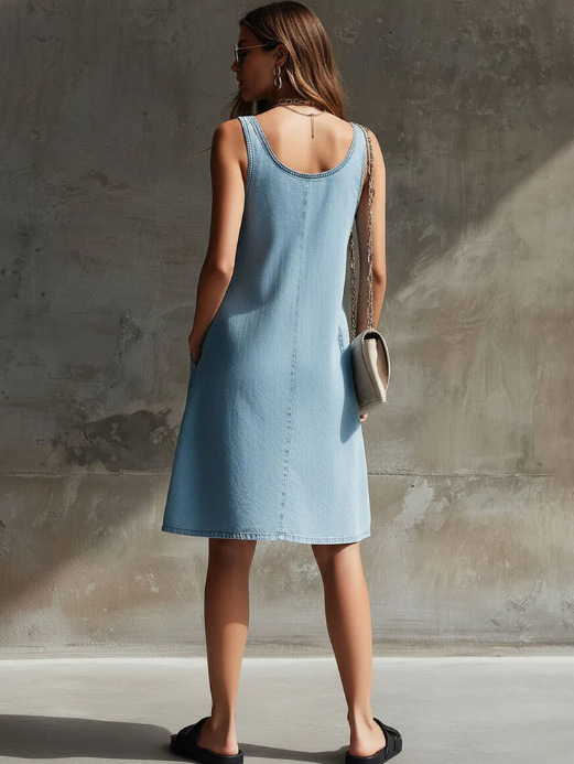 Popular European And American Cross-Border Casual And Elegant Solid Color Denim Sleeveless Round Neck Button Mini Dress Amazon Hot