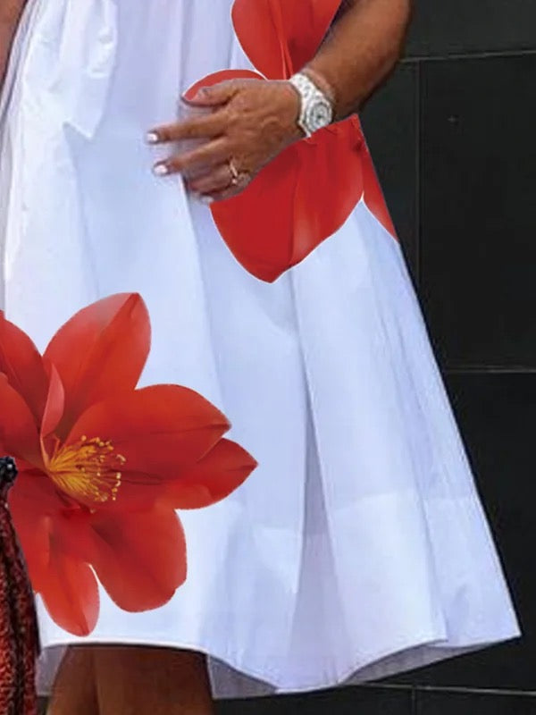 A-Line Loose Flower Print Pleated V-Neck Midi Dresses