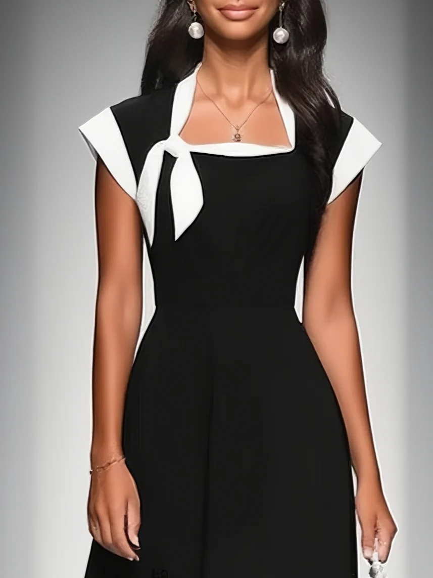 Women's Colorblock Square Neck Cap Shoulder Sleeve Waist Midi Dress 