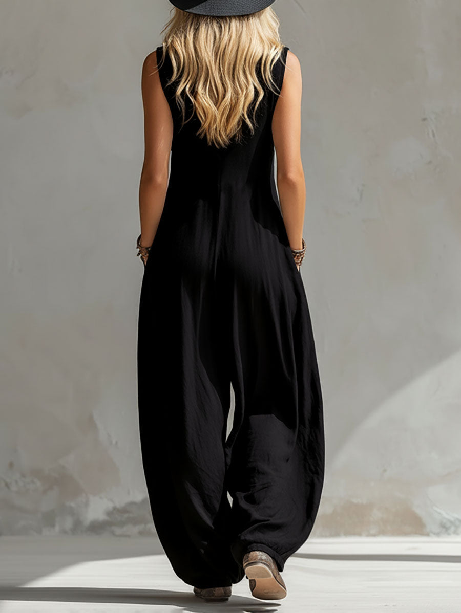 Sleeveless Wide Leg Buttoned Pockets Solid Color V-Neck Jumpsuits