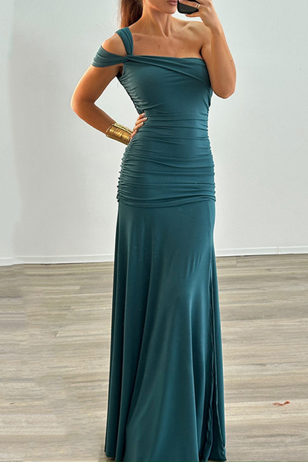 One Shoulder Ruched High Slit Slim Fit Solid Color Party Maxi Dresses-Brown