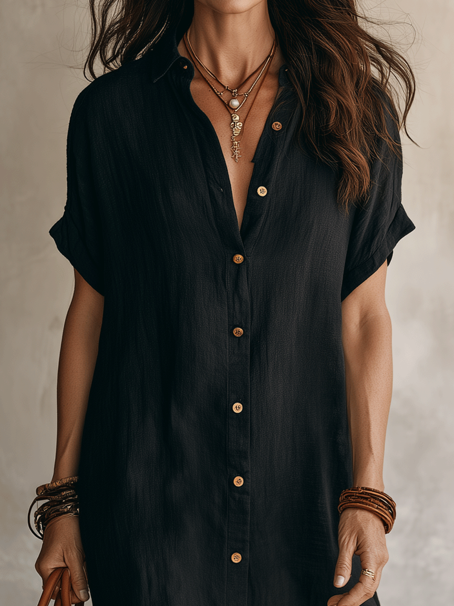 Modern Boho Effortless Black Linen Relaxed Midi Dress