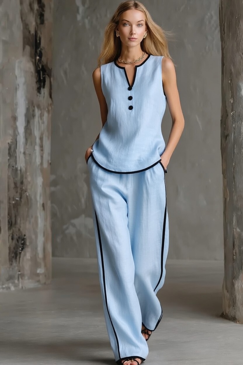 Loose-fitting Cotton-linen Color-blocked Sleeveless Top And Pants Set