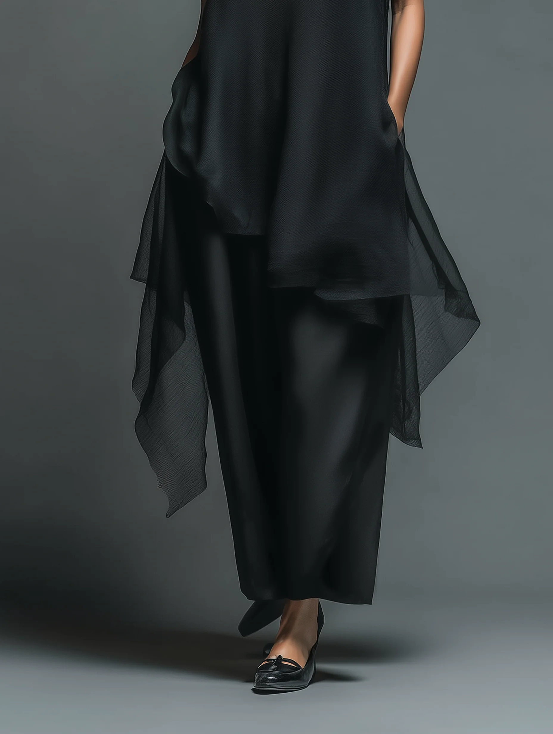 Black Minimalist Faux Acetate Fiber Slip Dress Paired With A Chiffon Cover-up Long Dress Two-piece Set