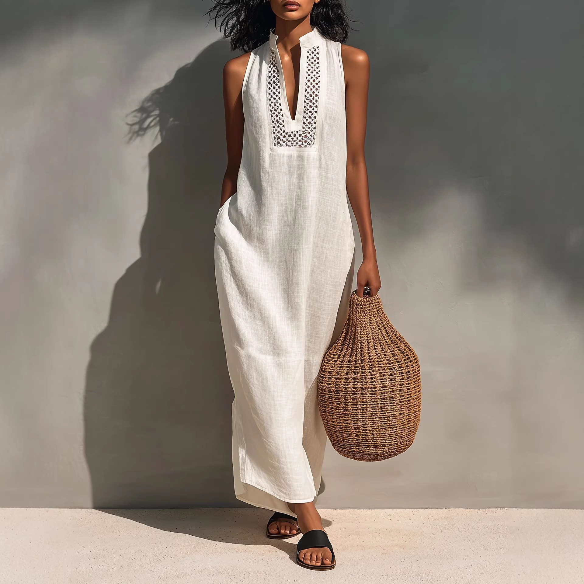  Minimalist Linen Halter Maxi Dress | Sleeveless Office-to-Resort Wear