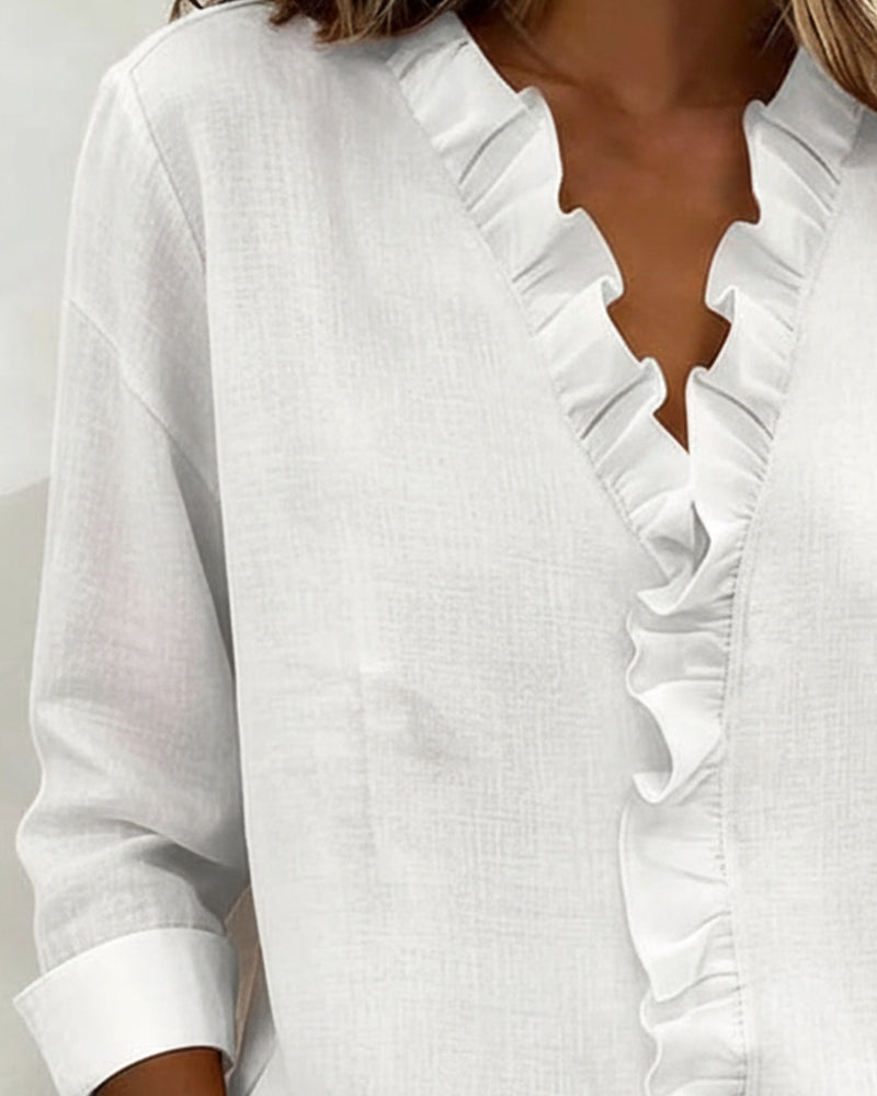 Ruffle V-Neck Long-Sleeve Blouse