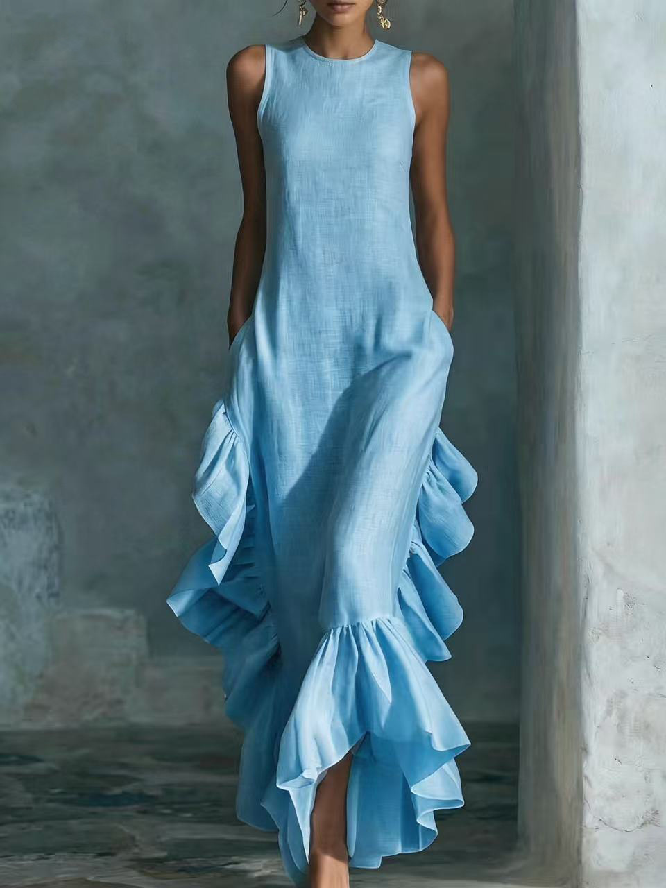 Sleeveless Ruffled Linen Maxi Dress