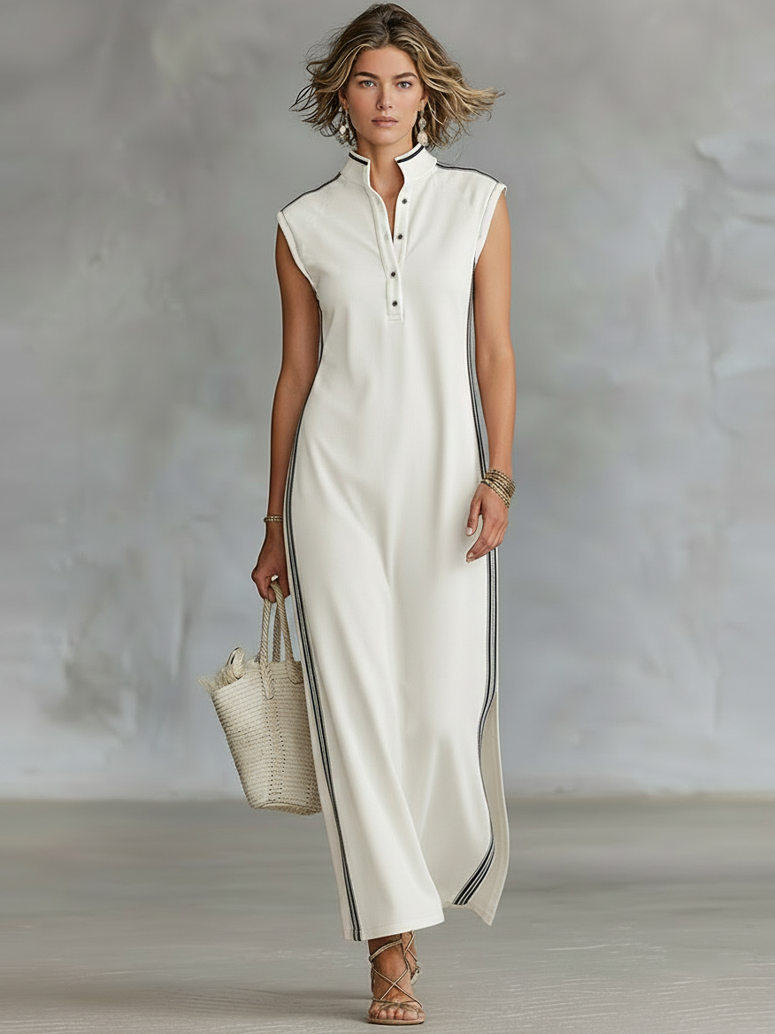 Women's Minimalist Athletic-Style Sleeveless Henley Maxi Dress 