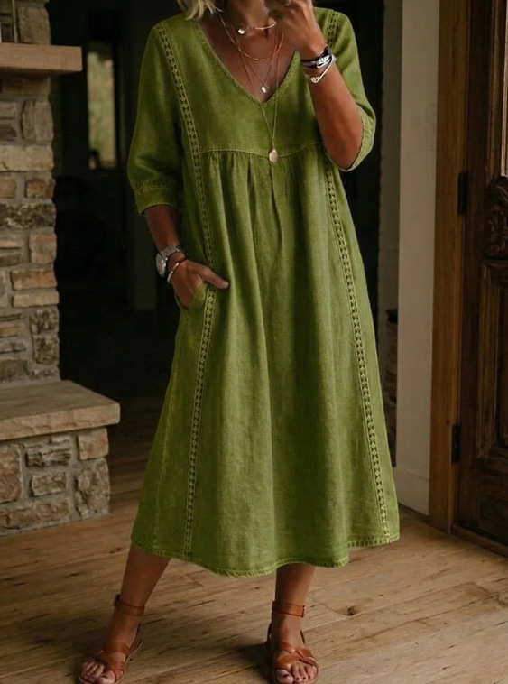 Elegant Linen-Blend V-Neck Midi Dress with Lace Inserts & Pockets | Casual Summer Dress for Women