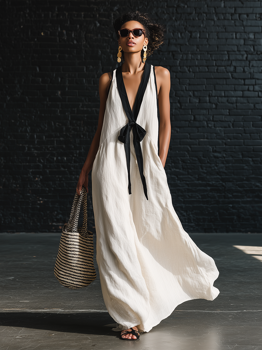 Bohemian Style White And Black Color Blocked Sleeveless V-neck Maxi Dress