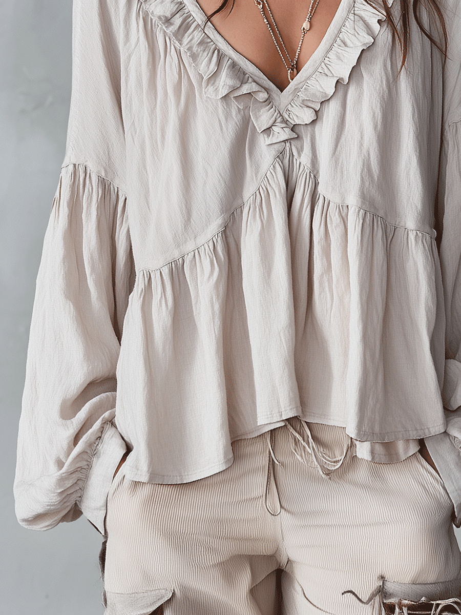 Airy Vintage-Inspired Ruffle Soft Ruffle Bohemian Blouse