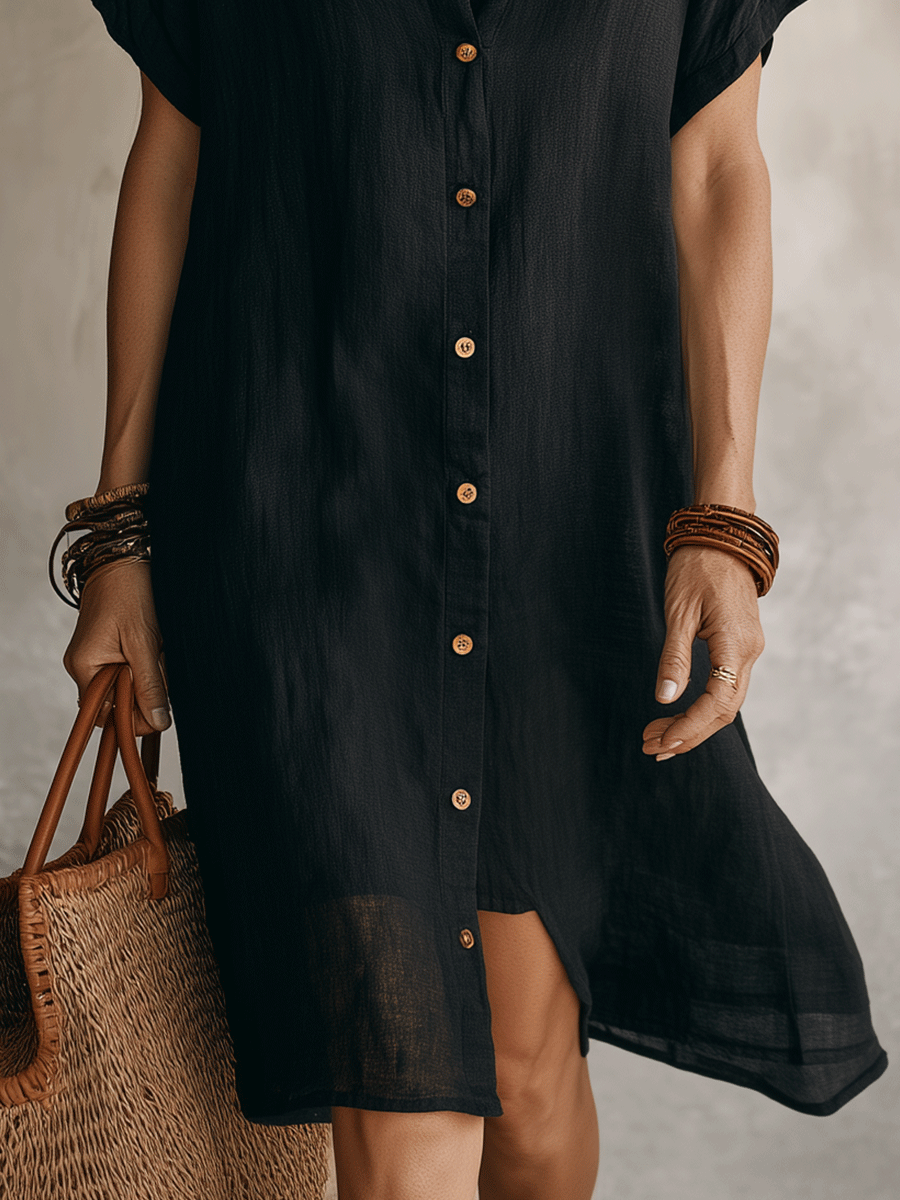 Modern Boho Effortless Black Linen Relaxed Midi Dress